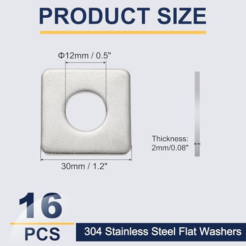 uxcell 16 Pcs Flat Square Plate Washer, 12MM ID x 30MM OD x 2MM Thick 304 Stainless Steel Flat Pad Spacer Gasket for Bolts Factories Bathroom Repair Shops Construction, Silver 12 x 30 x 2 mm