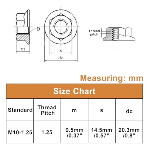 50Pcs Hexagon Flange Nuts M10 x 1.25mm Thread 304 Stainless Steel Serrated Flange Hex Nuts Bright Finish Lock Nuts M10 x 1.25