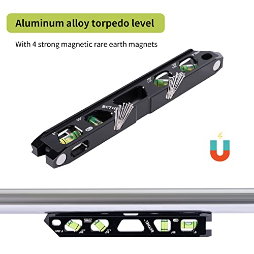 BETHEL Torpedo Level, Magnetic Conduit Level with 4 Vials, V-Groove and Magnet Track,Aluminum Alloy Construction, High Viz Black (9 inch) Black-9 Inch