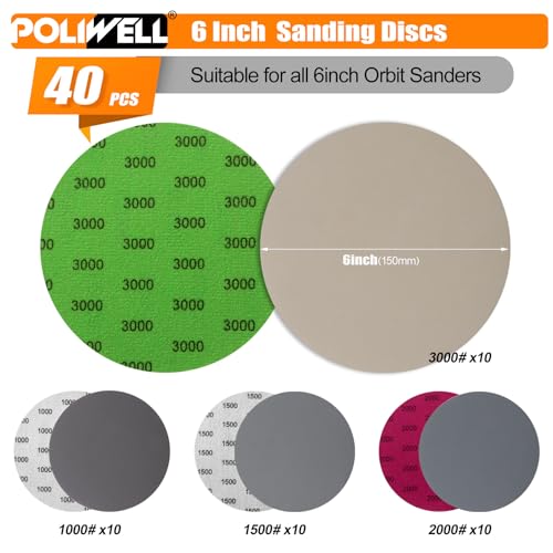 POLIWELL 40 Pack 6 Inch 150mm Silicon Carbide Sanding Discs 1000-3000 Grit 40.0