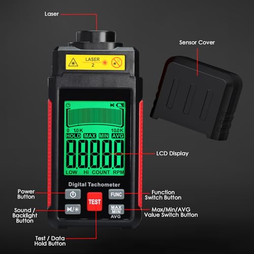 Digital Laser Tachometer High-Precision Non-Contact Tachometer 10-99,999RPM Handheld Professional RPM Meter with Reflection Tape, MAX/MIN/AVG, Photoelectric Sensing, Large LCD Backlight Data Hold