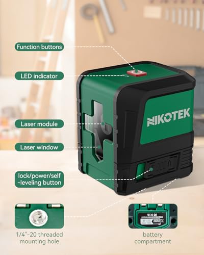 Nikotek Laser Level, Self-leveling Green Line Laser With Horizontal and Vertical Lines for Construction and Picture Hanging, Battery Included (NK01GT) NK02GT