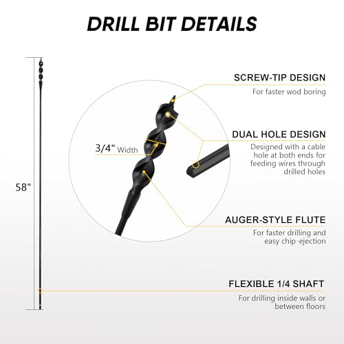 58" Flexible Installer Drill Bit for Pulling Wires in Walls, Ceilings, and Sidewalks, 3/4" Auger with Screw Point & Fish Eye, 1/4" 3-Flat Shank for Wood & Conduits, with Wire Puller & Storage Tube 3/4in 58in L