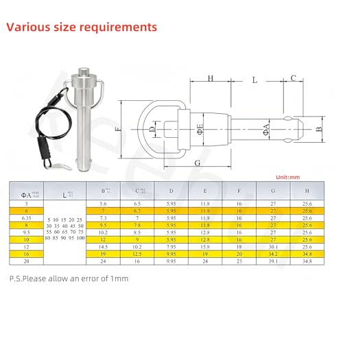 304 Stainless Steel Ring Handle Locking Pin with Wire Quick Release Pin, Dia 9.3mm ,Available Length 50mm/3/8inx2in(Dia. x L) Push-Button Ball Locking Pin (4) 4