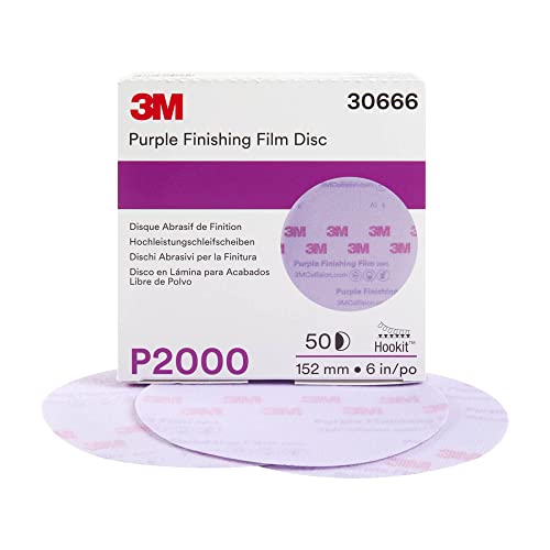 3M Hookit Purple Finishing Film Abrasive Disc 30666, 6 in, 2000+ Grade, 50 Pack, Clear Coat Sanding, Paint Finishing, Defect Removal, Long Lasting P2000