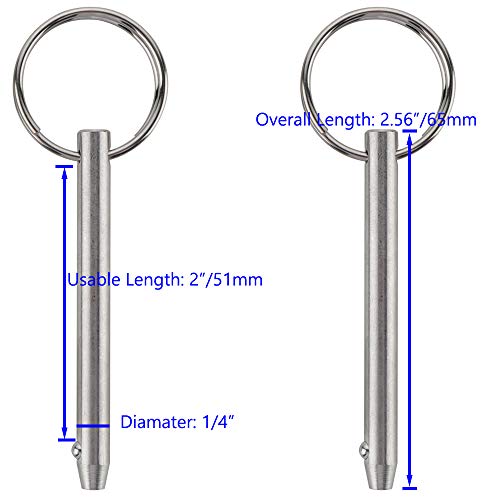 4 Pcs Quick Release Pin, Diameter 1/4"(6.3mm), Overall Length 2.56"(65mm), Usable Length 2"(51mm), Full 316 Stainless Steel, Bimini Top Pin, Marine Hardware (Pack of 2) 1/4" x 2.56" (Pack of 2)
