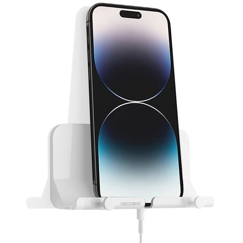 D2 Wall Mount Phone Holder, Hands Free Phone Holder with Adhesive and Data Cable Receiving Hole for Shower, Charging, RV, Compatible with iPhone, Smartphone Cables, Keys and More (White)