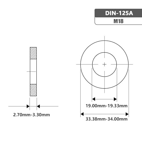 M18 x 34mm OD Flat Washer, 18-8 (304) Stainless Steel Washers Flat, 10PCS M18/304 Silver
