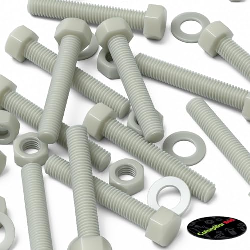 10x Natural Glass Filled Nylon Hex Head Screws M10 x 60mm, Nuts & Washers