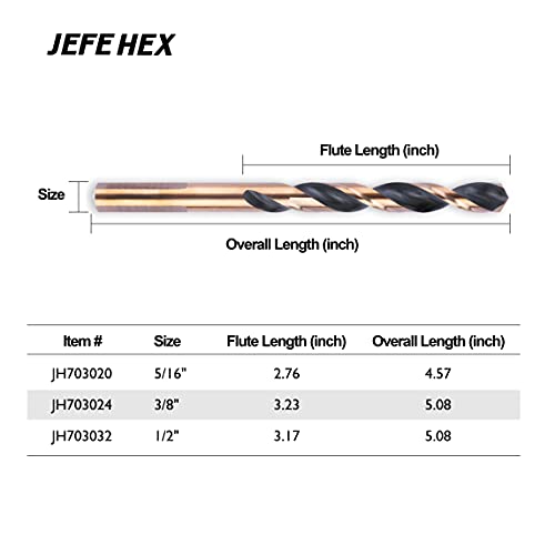 JEFE HEX 1/2" Dia. 5" OAL HSS Twist Drill Bit, General Purpose, 3-Flat Shank, Black and Gold Finish, 135 Degree Split Point, Ideal for Steel/Wood/Copper/Aluminum/Zinc Alloy/Plastic. (6-Piece) 1/2" (6-Piece)