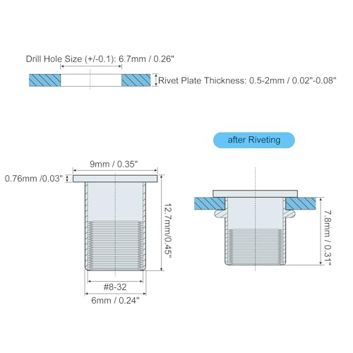 uxcell #8-32 Rivet Nuts, 100pcs 304 Stainless Steel Knurled Flat Head Threaded Insert Nuts for Metal, Plastic 100