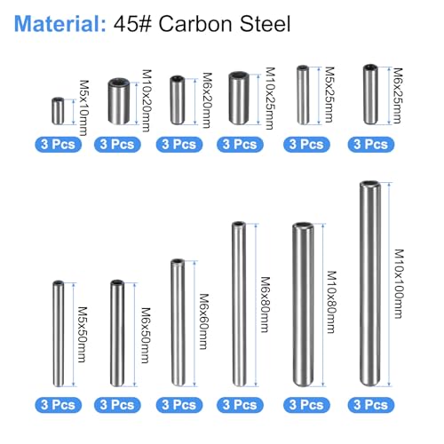 uxcell 36pcs M3, M4, M6 Internal Thread Dowel Pin 12 Sizes Chamfering Flat Carbon Steel Cylindrical Pin Bed Bookshelf Metal Devices Industrial Pins Kit M5*10-M10*100 36