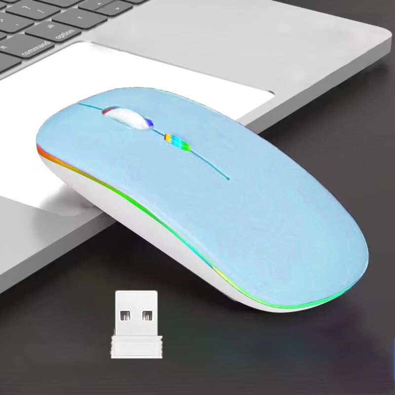 Wireless Bluetooth Mouse,LED Dual Mode Rechargeable Silent Slim Laptop Mouse,Portable(BT5.2+USB Receiver) Dual Mode Computer Mice,for Laptop,Desktop Computer,ipad Tablet,Phone,TV (Blue) blue