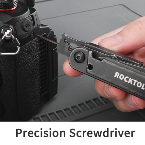 ROCKTOL Multitool Gen-R Lite, Retro Black EDC Pocket Knife VG10 Blade, Compact 15-in-1 Multi-tool with Screwdriver, Large Scissors, Glass Breaker, Leather Sheath, Lightweight for Hiking, Camping