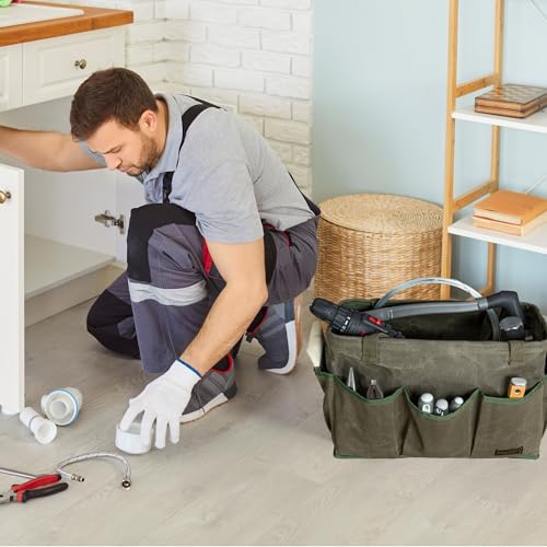 Tool Bag with Metal Frame, Waxed Canvas Wide Open Top Tool Tote Bag with 9 External Pockets, 15.5 x 7.5 x 10.5 Inches (ArmyGreen) ArmyGreen