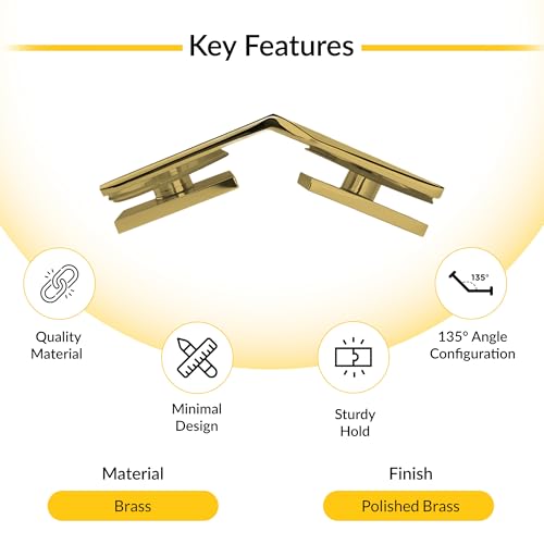 Brixwell Square 135 Degree Glass-to-Glass Clamp, Brass, Polished Brass