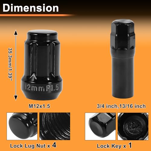 M12x1.5 Wheel Locking Nut with 1 Socket Key for Honda for Toyota Anti-Theft Tyre Tire Lock Nuts Removal Tool Black 1 Set
