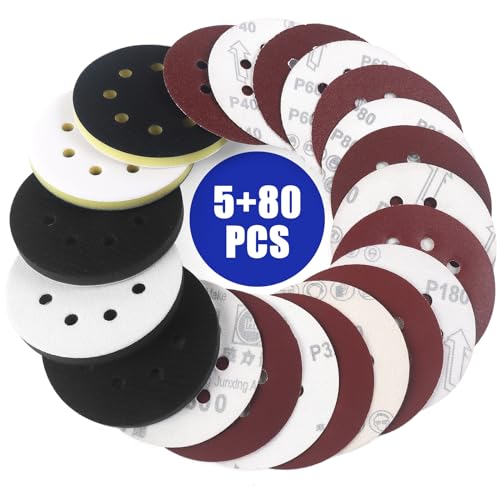 Elechiakan 85PCS 5 Inch Orbital Sanding Disc and Interface Backing Foam Pad 85 Pack
