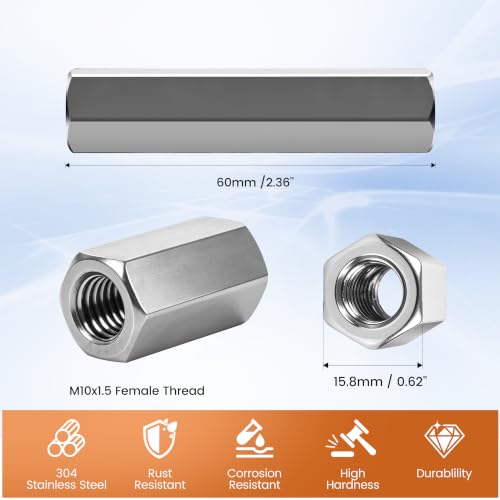 M10x1.5 Hex Coupling Nuts 60mm Full Thread 304 Stainless Steel 6 Pack M10 x 1.5
