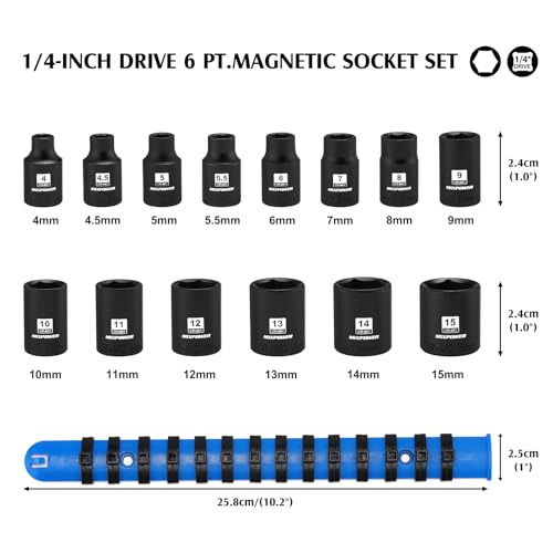 MIXPOWER 1/4" Drive Shallow Magnetic Impact Socket Set with Storage Rails, 14-Piece, 6 Point, 4-15mm, Metric, CR-MO 1/4"Dr.Shallow