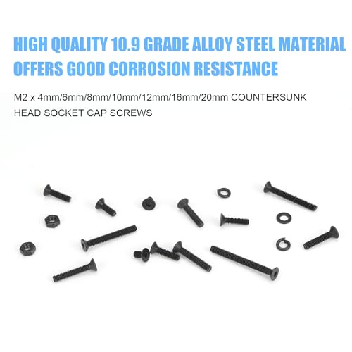 DYWISHKEY 566 Pieces M2 Black Screws, 10.9 Grade Alloy Steel M2x 4/6 /8/10 /12/16 /20mm Countersunk Head Socket Cap Screws Bolts Nuts Washers Assortment Kit