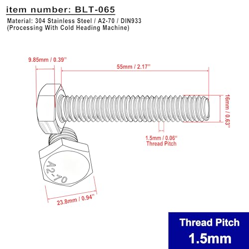 (Pack of 5pcs) M16 Thread Pitch 1.5mm 304 Stainless Steel Metric Hex Head Cap Screws Bolts, Hexagon Head Bolts (M16x55mm) M16x55mm