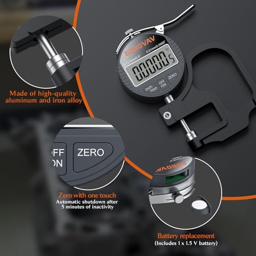 Digital Thickness Gauge 0.5 inch/12.7mm, 0.0005 inch/0.01mm Thickness Measuring Tool Meter with Inch/MM Conversion with Precise LCD Display, Suitable for Leather/Paper/Wire/Fabric/Film etc.