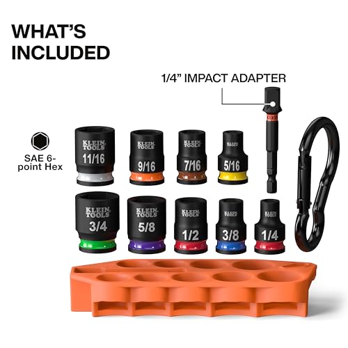 Klein Tools 33809 Grab-And-Go Impact Socket Set, SAE, 10-Piece Set with Sleeve, Carabiner, and 3/8-Inch Drive, Color-Coded 1/4, 5/16, 3/8, 7/16, 1/2, 9/16, 5/8, 11/16, and 3/4-Inch Sockets 10-Piece SAE