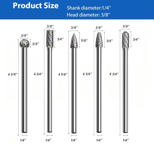 Long Shank Carbide Burr Set 1/4" Shank 3/8" Head 4" Length,5-Pack 3/8"*1/4" 5