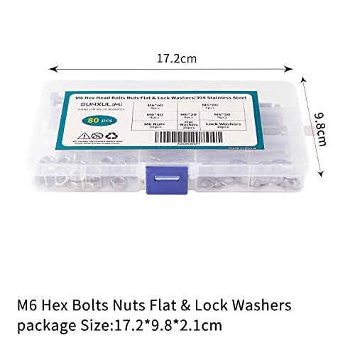 M6 Screws 20-80mm Hex Head Bolts Screws, Nuts, Flat & Lock Washers, Stainless Steel 304, Machine Fully Thread, Bright Finish, Assortment Kit 20Sets M6 Hex Bolts 20Set