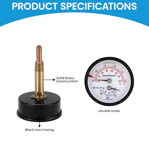 MEASUREMAN Commercial Tridicator, 2.5" Dial, 1/4" NPT Back Mount, Dual Scale 0-75 PSI 70-320°F, Rotatable Case with Adjustable Pointer（2.95'' Stem） 0-75 PSI 60-320°F 2.95'' Stem,2.5",No adapter connector