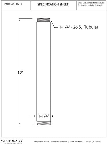 Westbrass D419-01 1-1/4" OD x 12" Double End Threaded Lavatory Sink Drain Extension Tailpiece, Polished Brass