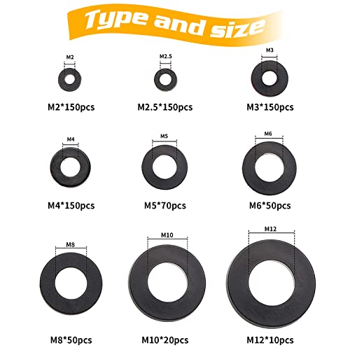 800Pcs Nylon Flat Washer Assortment Set, Washers Metric Sealing Spacer Gasket Ring Washers Set, 9 Sizes - M2, M2.5, M3, M4, M5, M6, M8, M10, M12(Black) 800black