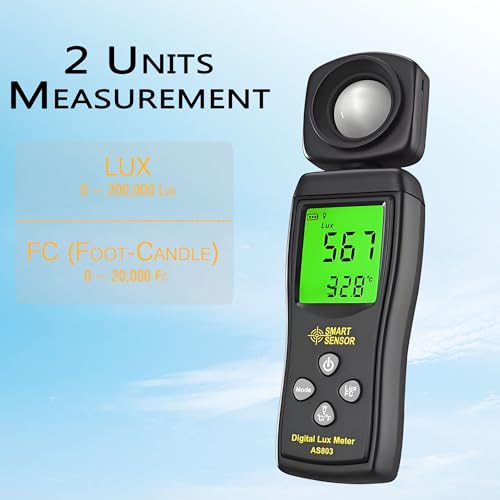 Digital Light Meter, Backlit LCD Display Lux/Foot Candles Meter with 180º Rotating Sensor, Range up to 200,000 Lux Luxmeter,for Photography Plants Lighting Intensity Brightness Measurement Black