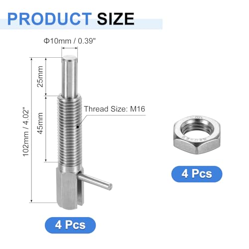 uxcell 4Pcs Retractable Indexing Plunger Pin, M16 L Spring Plunger Stainless Steel Spring Loaded Latch Telescopic Locking Pin with Nut for Machinery Shipbuilding 4