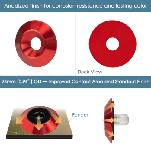 M6 Red Aluminum Washer Kit for Fender Flare, Exterior Dress Up Bolt Kit Red w Black Bolt M6