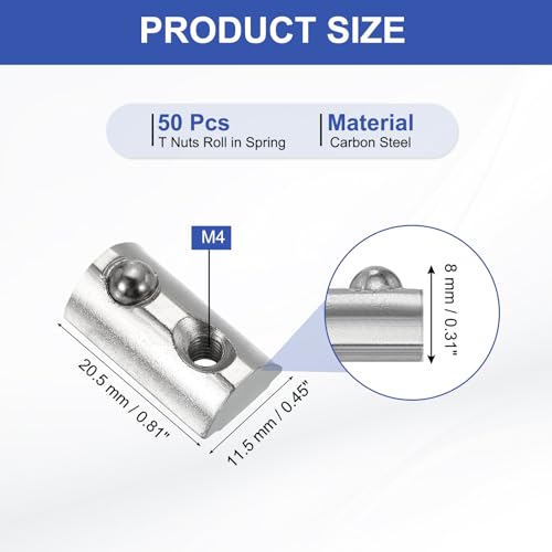 PATIKIL M4 Half Round Roll in Spring t Nuts, 50 Pcs 3030 Series Carbon Steel t Slot Spring Nuts for 8mm Aluminum Extrusion Profile 3D Printer DIY Tools Furniture Assembly, Silver