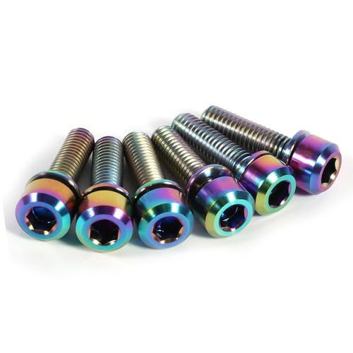 Bike Stem Bolt, Alloy Hex Tapered Rainbow Washers 6Pcs Oil Slick Finish Bicycle Headset Screw for Road Mountain Cyclists Assembly Maintenance Upgrades