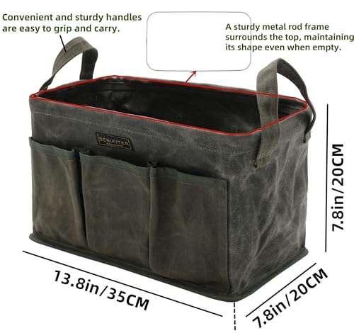 Tool Bag for Organizing, Waxed Canvas Wide Open Top Tool Tote Bag with 6 External Pockets, 13.8 x 7.8 x 7.8 Inches (ArmyGreen) ArmyGreen-Single