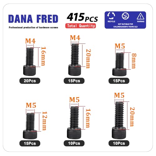 Hex Socket Head Cap Screws Nuts Kit 415pcs Black 12.9 Class Metric Thread Allen Hexagon Machine Bolt Nuts Metal Standard Fastener Hardware Alloy Steel Assortment Kit for Mechanical Components M3 M4 M5 M3M4M5-415pcs