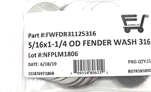5/16 ID x 1-1/4 OD Stainless Steel Fender Washer Large OD Flat Washers .050 Thick 316 SS (25 Pieces)