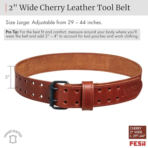 FESA Men's Leather Tool Belt - Handcrafted Top Grain Leather Tool Pouch Belt for Carpenters & Other Trade Professionals Cherry - 2" Wide - L