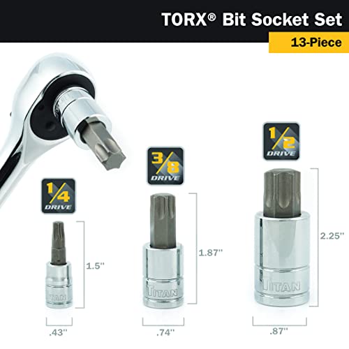 Titan 85532 13-Piece Torx Bit Socket Set, Magnetic Socket Organizer with Laser-Etched Size Markings New Torx