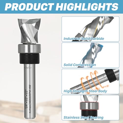 KEENTECH Solid Compression Flush Trim Bit, 1/4" Shank, 1/2" Dia x 1/2" CL 1/4 Inches 1/2"Dia-1/2"Cutting Length