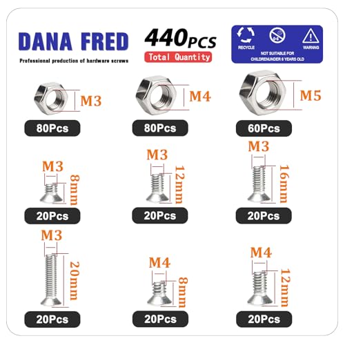 440 Pieces Flat Hex Socket Head Cap Screws Kit 304 Stainless Steel M3 M4 M5 Metric Thread Hexagon Allen Head Drive Countersunk Machine Bolts Nuts Standard Fastener Hardware Assortment Kit Set M3M4M5-440pcs