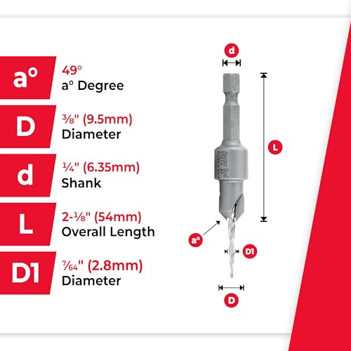 Amana Tool Carbide Tipped 82 Degree Countersink Tapered Drill Bit, 55624, Screw 8, 3/8 Dia x 7/64 Drill D x 1/4 Hex Shank