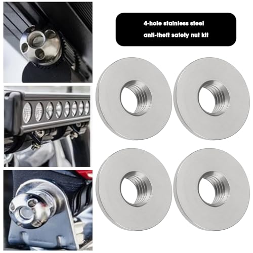 1 Set of M8 4-Hole Anti-Theft Security Nut Set Stainless Steel Anti-Theft Device for Rooftop Tent Bike Rack Solar System (4 Nuts 1 Lock) Silver