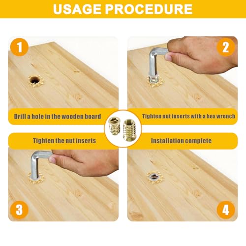 170 PCS Threaded Inserts for Wood Assortment Kit - 10 Sizes (1/4"-20, 5/16"-18, 3/8"-16) with M6/M8/M10 Hex Wrenches - Steel Inserts for Furniture Screws, Wood Furniture & Cabinet M LMTJ001 golden