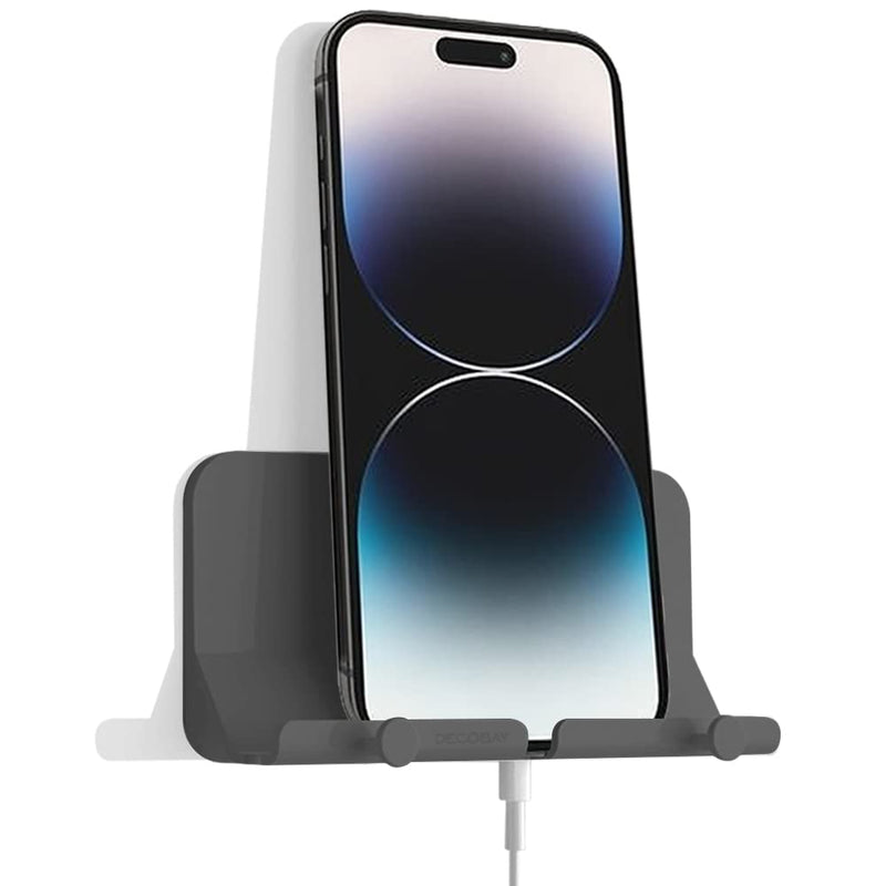 Wall Mount Phone Holder, D2 Hands-Free Adhesive Phone Holder with Cable Hole & Hooks, Wall Mounted Cell Phone Holder for Bathroom Kitchen Bedroom RV, Compatible with iPhone Smartphones (Grey) Grey