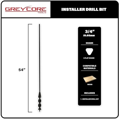 Greycore Tools 3/4 Inch x 54 Inch Flexible Drill Bit for Wire Pulling and Fishing, Auger Head Installer Drill Bit, Fish Bit for Pulling Wires in Walls (3/4" x 54" Installer) 3/4" x 54" 54" Length